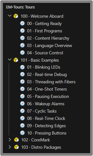 EM•Tours showing Welcome Aboard, Basic Examples, CoreMark, and Distro Packages